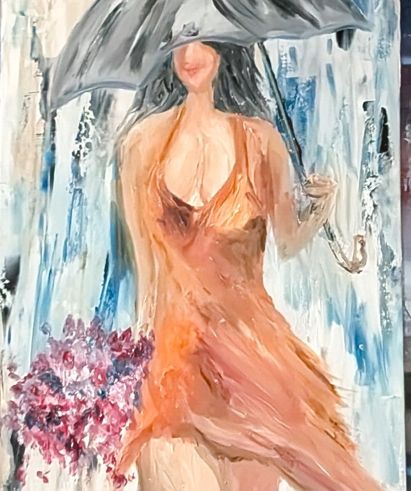 Woman in the rain holding flowers